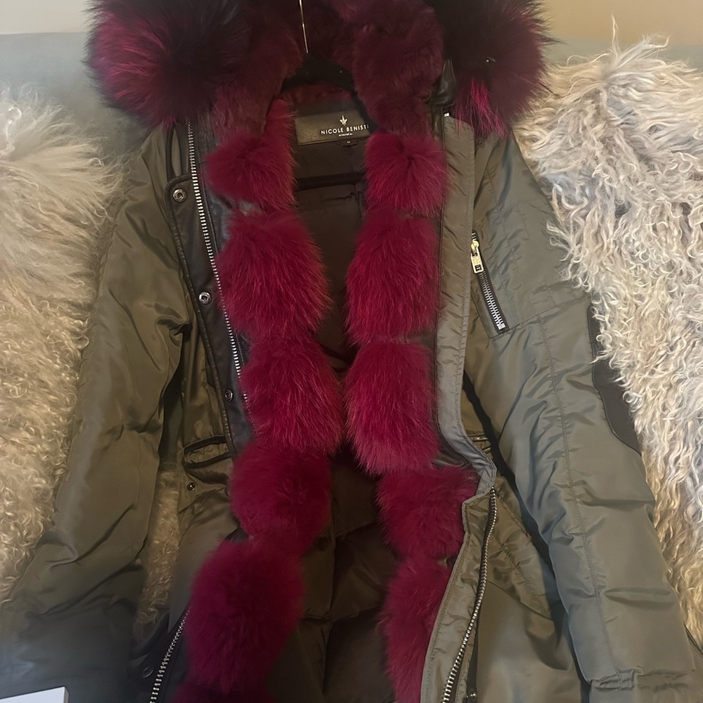 Nicole Benisti Olive Puffer Jacket with Burgundy Fox Fur Trim